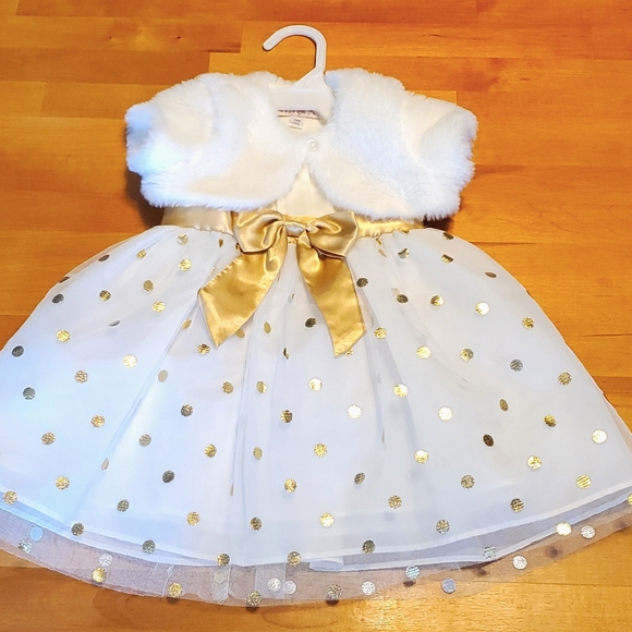 12mo Fluffy Gold Polka Dot Dress with Removable Furry Shawl - Picture 6 of 13